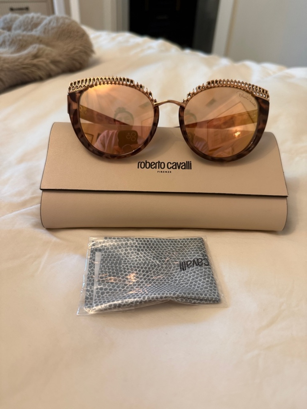 Roberto Cavalli Crown Cat Eye Sunglasses Tortoise Rose Gold Embellished NWOT